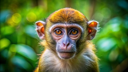 Closeup of a Young Cynomolgus Monkey in Rainforest Setting with Diffused Background, Capturing the Essence of Wildlife and Nature in a Beautiful Portrait