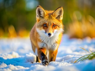 Closeup of a Young Red Fox Walking Through a Snow Covered Meadow in Late Autumn, Capturing the Beauty of Nature and Wildlife in a Serene Winter Landscape