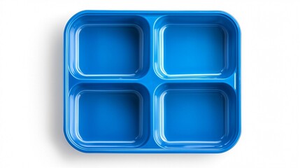 Blue plastic tray with four compartments for food serving or meal preparation.