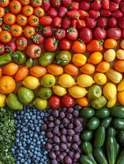 Vibrant selection of fresh fruits and vegetables arranged at a bustling farmers market, showcasing the bounty of local farms. Generative AI