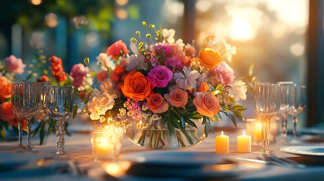 Elegant floral centerpiece for event dining sunset venue photography