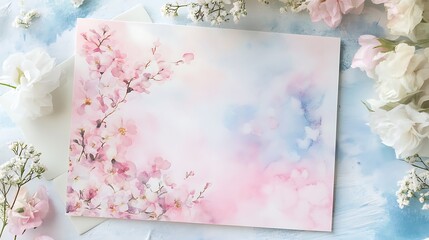 A Valentine card featuring a dreamy watercolor background with soft pastel hues and delicate floral accents 