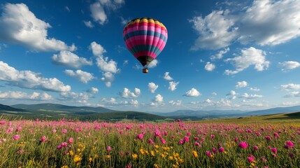 Fototapeta premium Colorful Hot Air Balloon Over Vibrant Flower Field Landscape