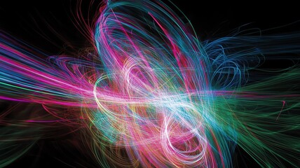 Obraz premium green, pink, blue and purple light lines on black background Abstract colorful light trails swirl