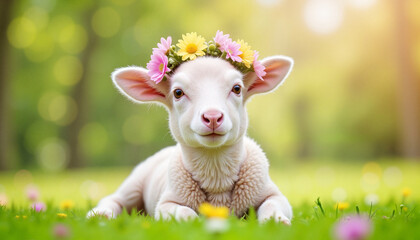 Obraz premium Adorable lamb with flower crown in sunny spring meadow