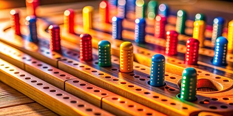 Naklejka premium Close-Up of Colorful Pegs on a Cribbage Board Highlighting the Intricacies of the Game and the Art of Traditional Gameplay