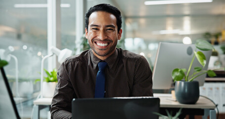 Businessman, portrait and office with smile, laptop and pride for bookkeeping as accountant. Male...