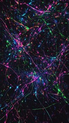 green, pink, blue and purple light lines on black background Vibrant neon paint splatter abstract art