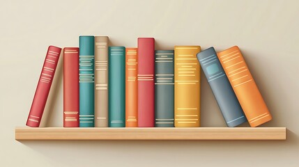 Naklejka premium Stack of books with colorful covers on wooden shelf, minimalistic vector 