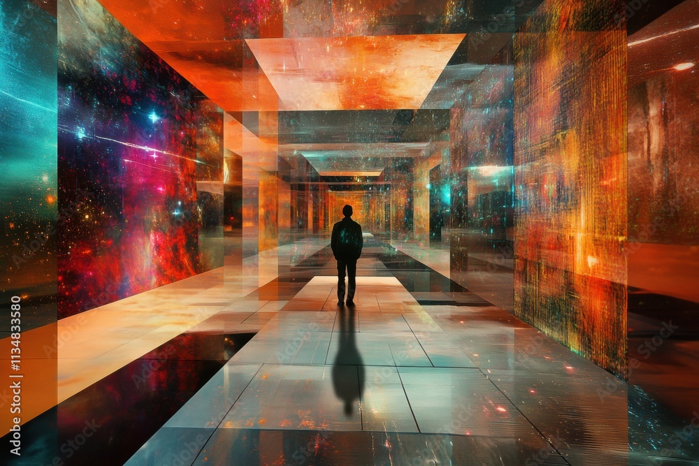 Poster A visitor stands in a vibrant digital gallery surrounded by colorful virtual artworks with interactive avatars, experiencing a cosmic atmosphere. Generative AI
