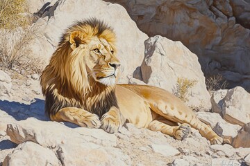 Obraz premium A majestic lion resting on rocky terrain, showcasing its powerful presence in nature.