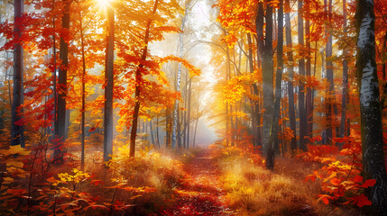 Fototapeta premium Sunlit Autumn Path: Stroll Through a Vivid Forest of Red, Orange, and Yellow Leaves in Fall Splendor