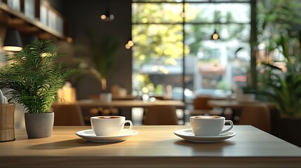 Enjoying morning coffee cups on a table in cozy urban  still life