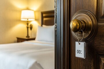 Obraz premium Cozy and Inviting Hotel Room With Key Tag on Ornate Wooden Door