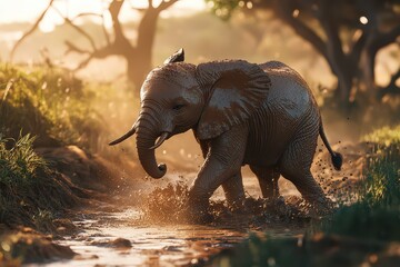 Fototapeta premium A playful elephant splashes in a stream, surrounded by lush greenery at sunset.
