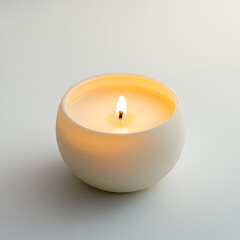 Burning Candle: Minimalist White Ceramic Holder, Warm Light, Serene Atmosphere