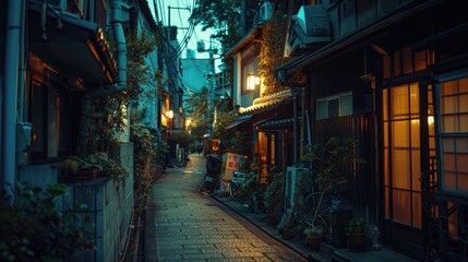 Fototapeta premium a beautiful japanese tokyo city town in the evening. houses at the street. anime comics artstyle. cozy lofi asian architecture.