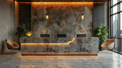 Modern reception area with a stylish counter and warm lighting.