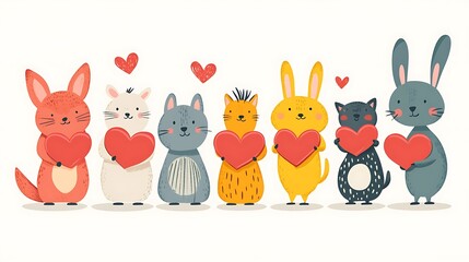 Naklejka premium A cute Valentine card featuring adorable cartoon animals holding hearts with cheerful expressions 