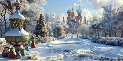 Winter Scene with Russian Church and Nesting Dolls