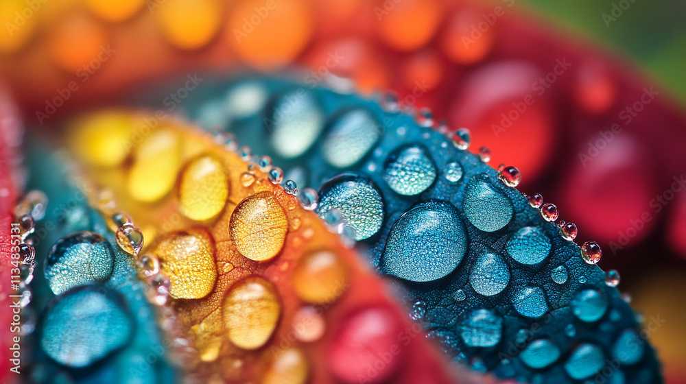 Poster bright droplets rest on colorful leaves in a vibrant natural setting during a sunny day