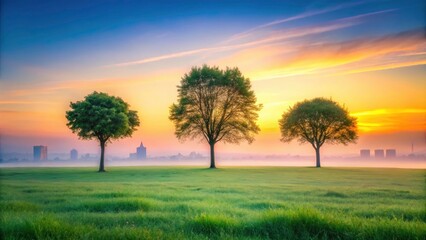 Obraz premium Minimalist Sunrise Trees, Pastel Sky, Urban Field Photography