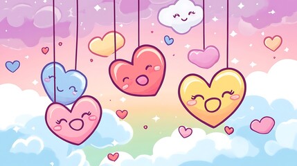 A kawaii-style Valentine card design with pastel colors, smiling hearts, and playful fonts 