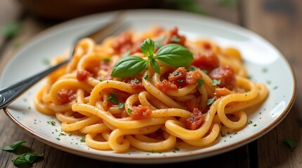 Close-up of a delicious pasta dish with tomato sauce and basil, Generative AI