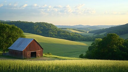 Sunset over rolling hills with barn countryside nature scene peaceful