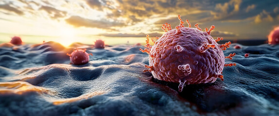 Anamorphic video cancer cell or tumor illustration for symbolizing cancer awareness on World Cancer Day.