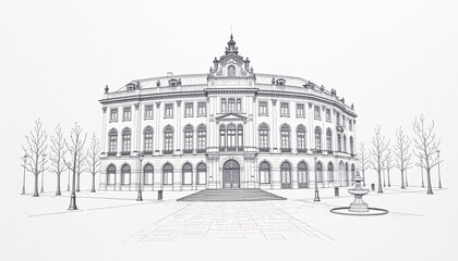 a hand-drawn architectural illustration featuring intricate linework and delicate shading