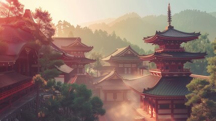 Obraz premium a beautiful japanese village city town in the morning. buddhist temple shinto shrine. anime comics artstyle. cozy lofi asian architecture. 4k resolution.