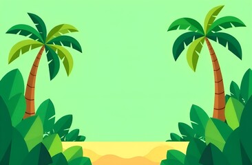 Palm trees in flat style on a green background. Copy space.