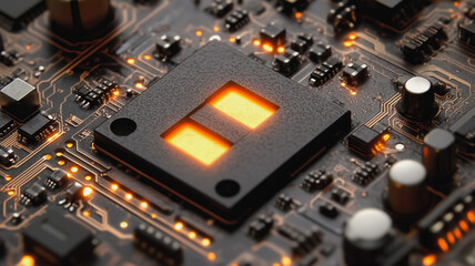 A close up of a computer chip with two orange lights on it