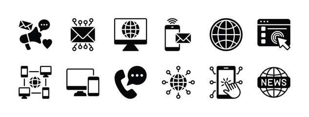Cyberspace icon vector set. Containing social media, electronic mail, website, web page, computer device, communication technology, news, network, blog, newsletter