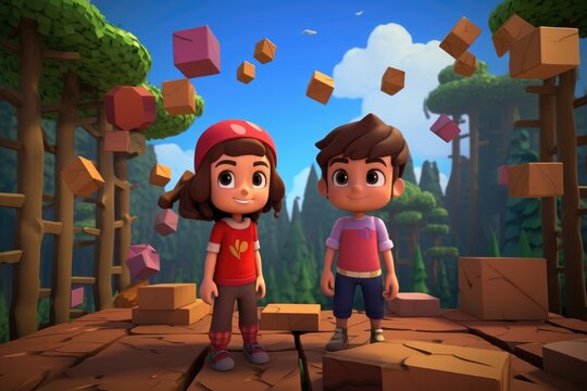 A style cartoon boy and girl happily explore wooden blocks to create their own magical worlds. A game that feels like it was ripped out of an animated movie 
