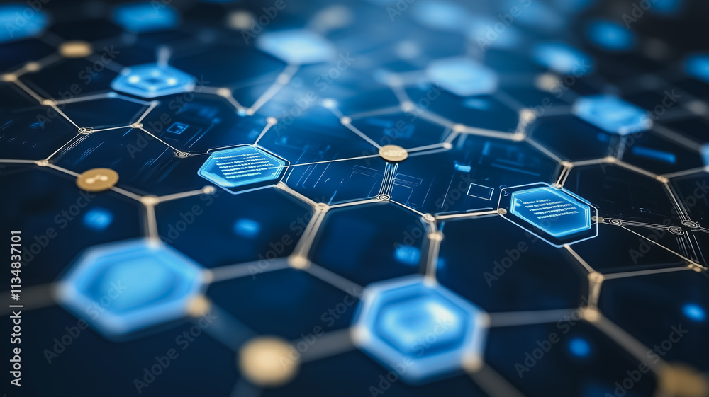 Poster a blue and gold pattern of hexagons with a network of lines connecting them