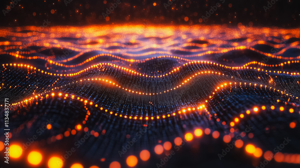 Poster the image is a computer generated image of a wave with many glowing dots