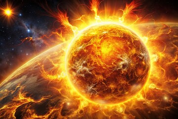 Obraz premium Closeup of the Sun's Surface Showcasing Solar Flares, Magnetic Storms, and Fiery Rays in Vivid Detail for Educational and Scientific Illustrations