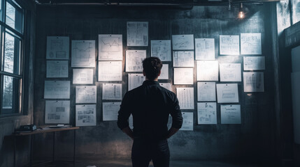 Fototapeta premium Businessman Reviewing Failed Pivot Ideas on Whiteboard