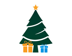 green christmas fir tree with golden yellow-orange star and 2 two christmas gifts as gift boxes as presents