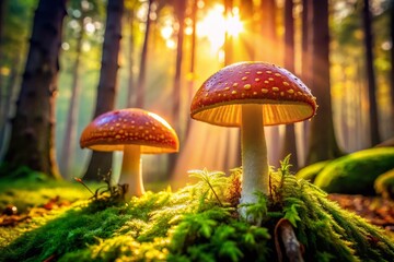Fototapeta premium Close-Up of Two Vibrant Mushrooms Thriving on a Lush Mossy Forest Floor Bathed in Natural Sunlight, Capturing the Beauty of Urban Exploration Photography in Nature
