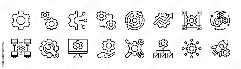 Wall mural setup and settings system thin line icon set. contains options, configuration, technology, process, 