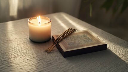 serene setting with glowing candle tasbih and quran placed on clean textured table under diffused light