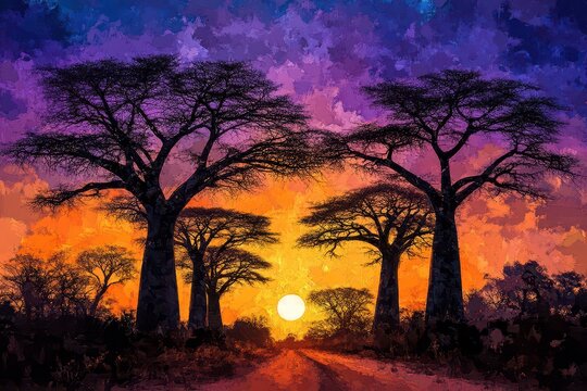 A vibrant sunset scene featuring baobab trees along a dirt road. - Powered by Adobe