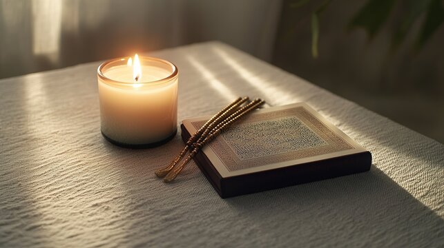 serene setting with glowing candle tasbih and quran placed on clean textured table under diffused light