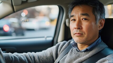 Mature man driving a car in urban traffic