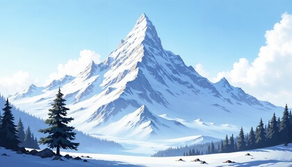 Fototapeta premium Majestic snow-capped mountain rising above winter landscape with evergreens