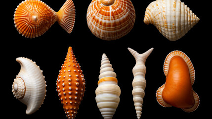 Seashell Symphony: A captivating collection of uniquely shaped and textured seashells, showcasing a vibrant palette of orange and white against a stark black background.  