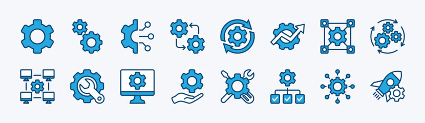 Set of setup and settings system icon. Containing options, configuration, technology, process, maintenance, installation, engineering, mechanism, customization, optimization. Vector illustration